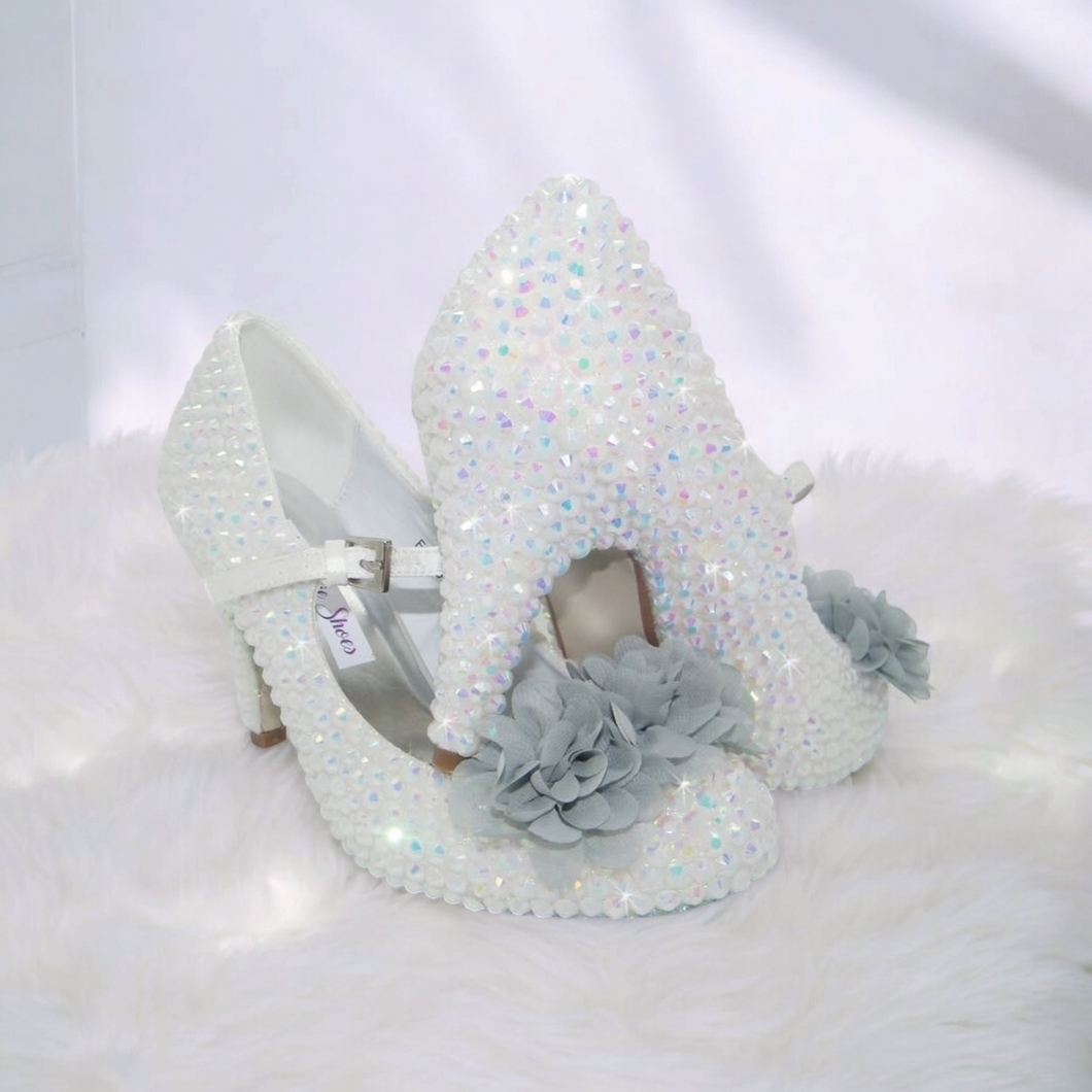 White rhinestone grey flower Mary janes