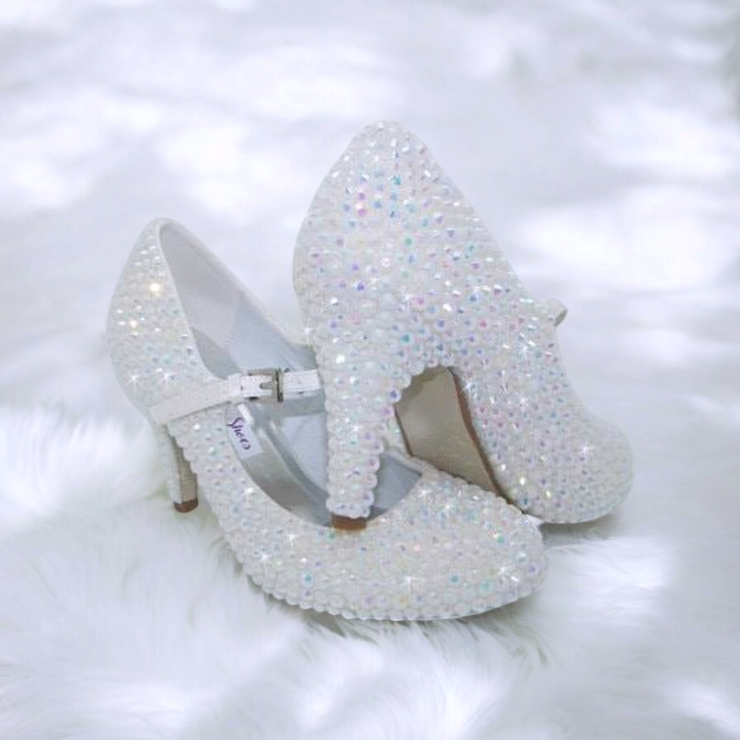 White rhinestone 3 inch Mary janes