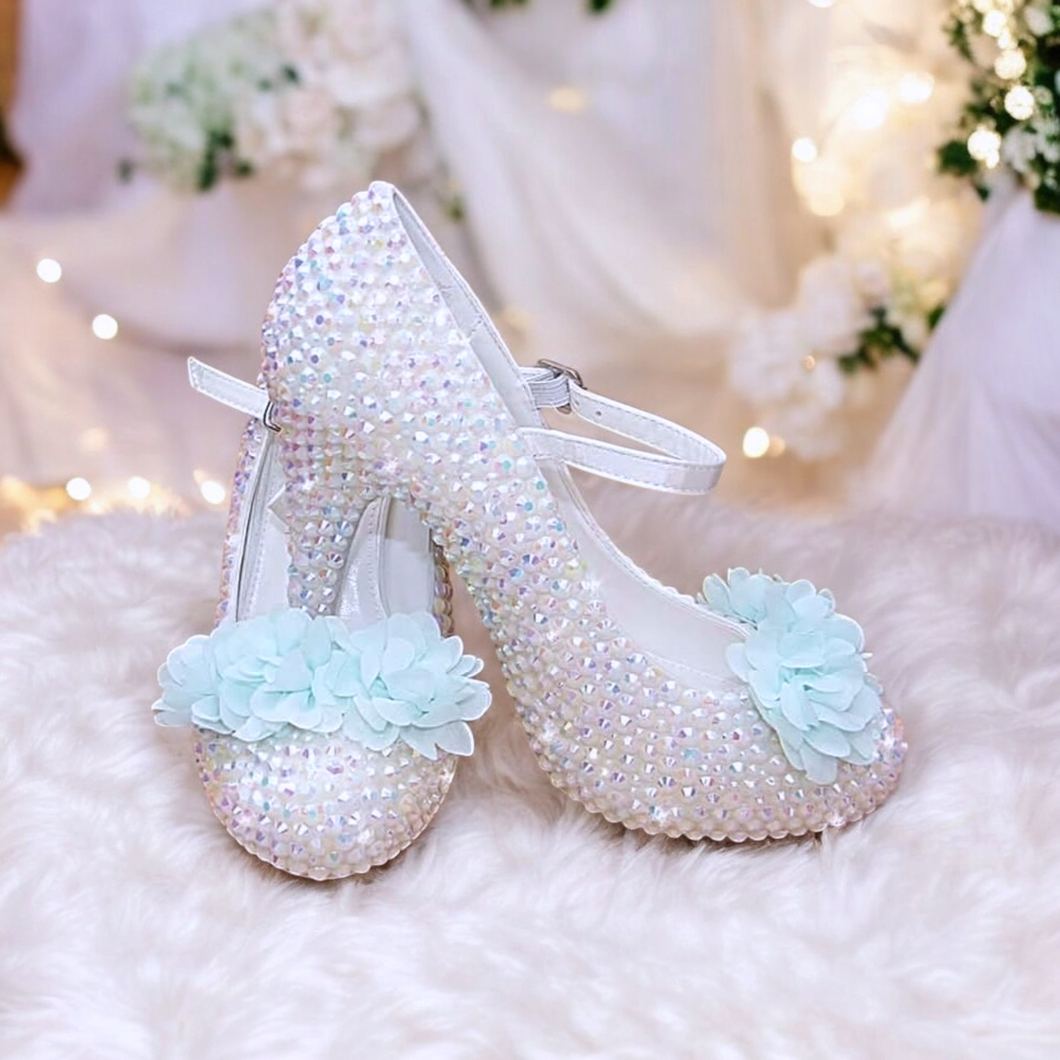 White rhinestone mint green flower Mary janes