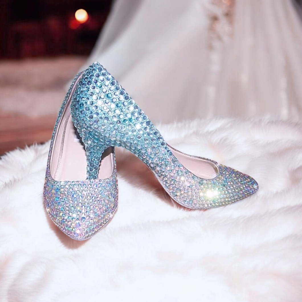 Sapphire blue and AB rhinestone 3 inch pointed toe heels