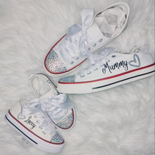 Load image into Gallery viewer, Mummy &amp; Me silver glitter heart personalised Pumps
