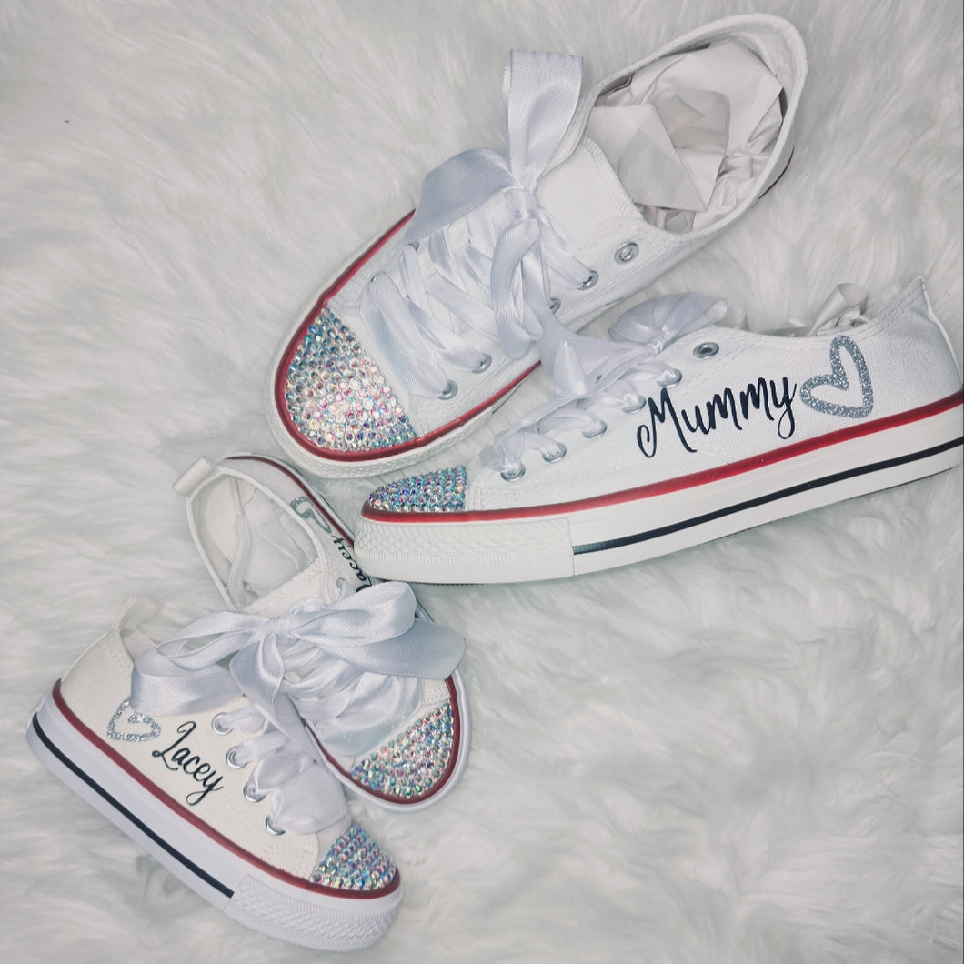 Mummy & Me silver glitter heart personalised Pumps