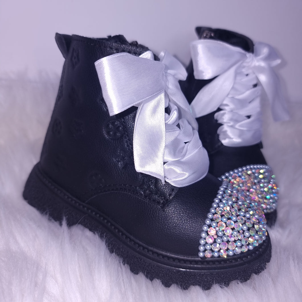 Black faux leather Rhinestone Boots