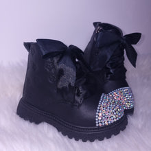 Load image into Gallery viewer, Black faux leather Rhinestone Boots
