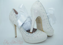 Load image into Gallery viewer, White Glitter &amp; Rhinestone with Ribbon High Court Heels - My Lillie Shoes
