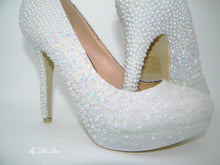 Load image into Gallery viewer, White Glitter Pearl &amp; Rhinestone High Court Heels - My Lillie Shoes
