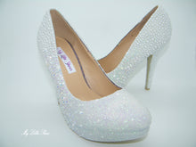 Load image into Gallery viewer, White Glitter Pearl &amp; Rhinestone High Court Heels - My Lillie Shoes
