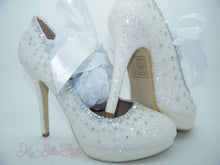 Load image into Gallery viewer, White Glitter &amp; Rhinestone with Ribbon High Court Heels - My Lillie Shoes
