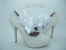 Load image into Gallery viewer, White Glitter &amp; Rhinestone with Ribbon High Court Heels - My Lillie Shoes
