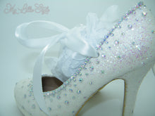 Load image into Gallery viewer, White Glitter &amp; Rhinestone with Ribbon High Court Heels - My Lillie Shoes
